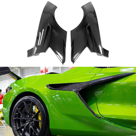 OEM-fit carbon fiber rear quarter fender trim panels for Corvette C8 Z06, stylish side exterior upgrade that protects your original fenders and highlights track-inspired aesthetic.